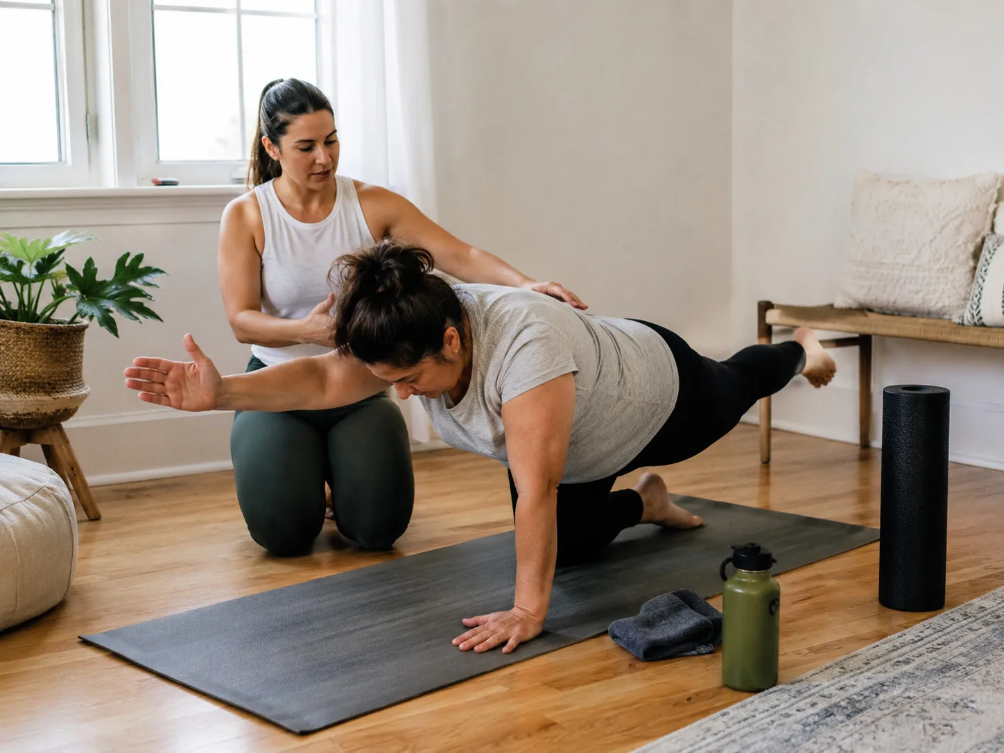 Online coach guiding a client through a bird-dog exercise on a mat during an at-home training session