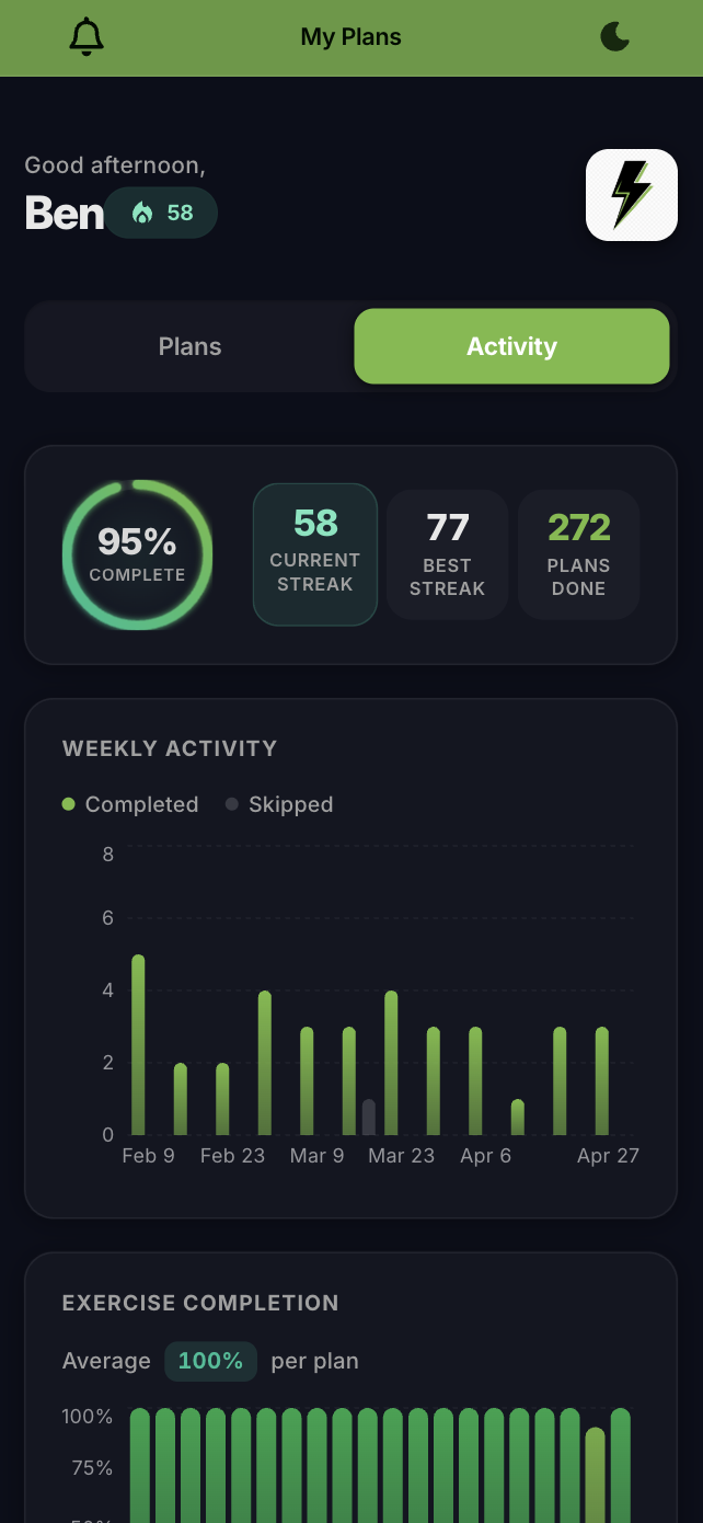 Bold style QuickCoach client app with dark background and bright green accent colour