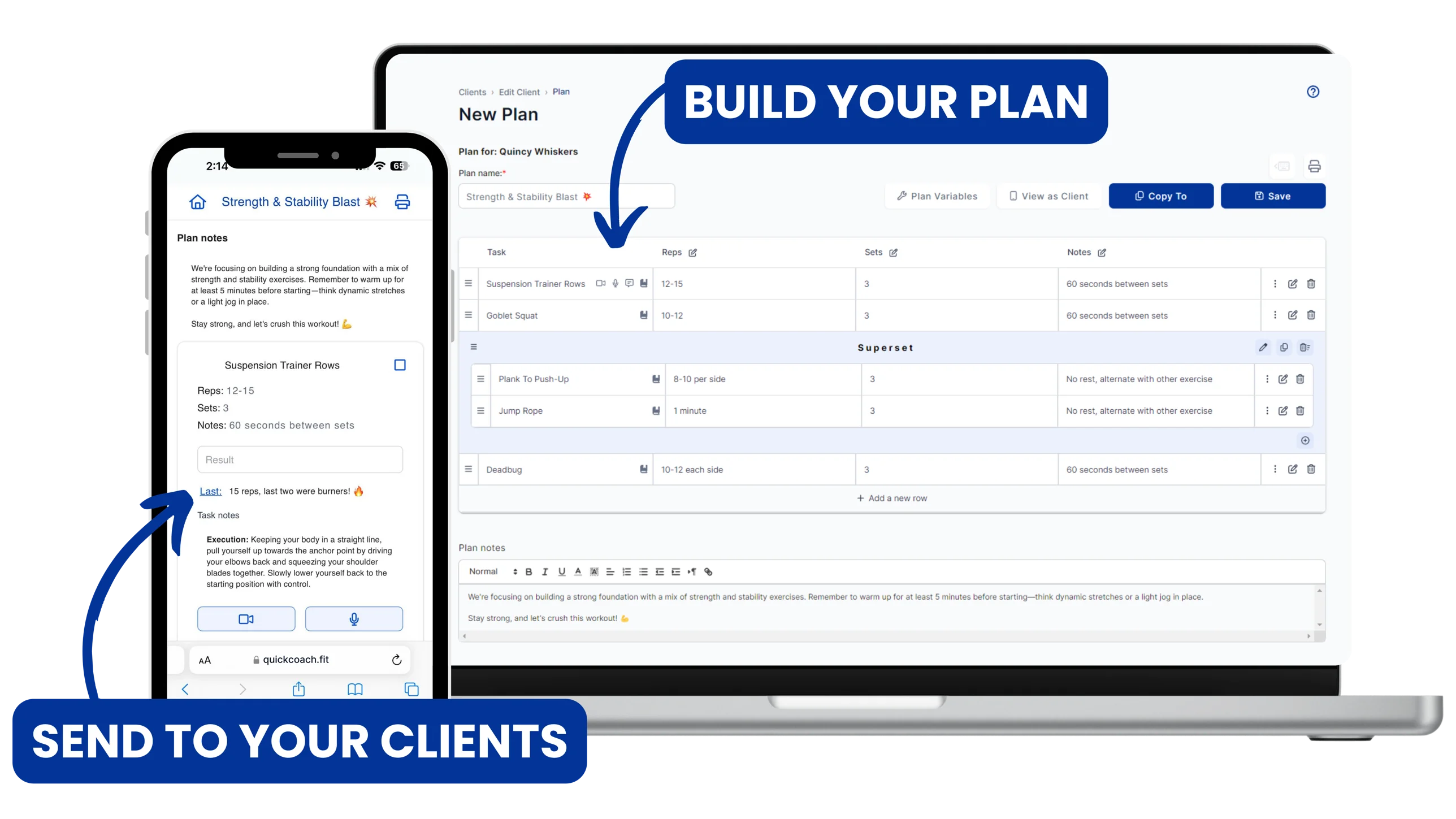 QuickCoach plan builder with laptop and phone preview