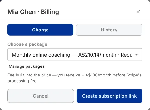 The Billing window for a demo client on the Charge tab, with the Monthly online coaching package chosen and a Create subscription link button