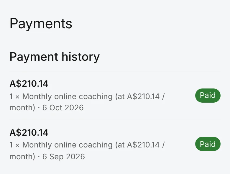 A client's Payments page on a phone, listing two paid payments for Monthly online coaching with their dates
