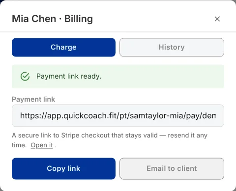The Billing window showing 'Payment link ready.', the link, and the Copy link and Email to client buttons