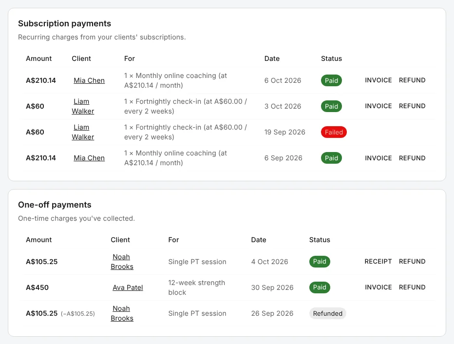 The Payments tab in QuickCoach Client Billing with demo clients, listing subscription payments and one-off payments, each with its amount, client, what it was for, date, status, and Invoice, Receipt and Refund buttons