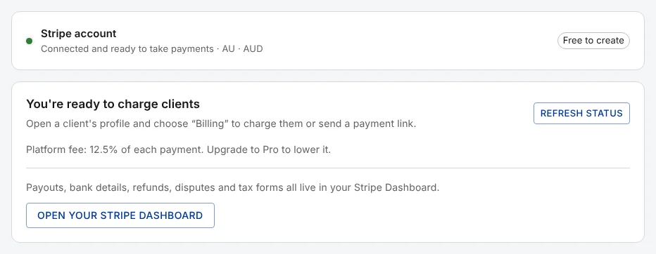 QuickCoach's Client Billing settings for a demo coach, with the Stripe account connected and ready to take payments, and a card reading 'You're ready to charge clients' with the 12.5% platform fee