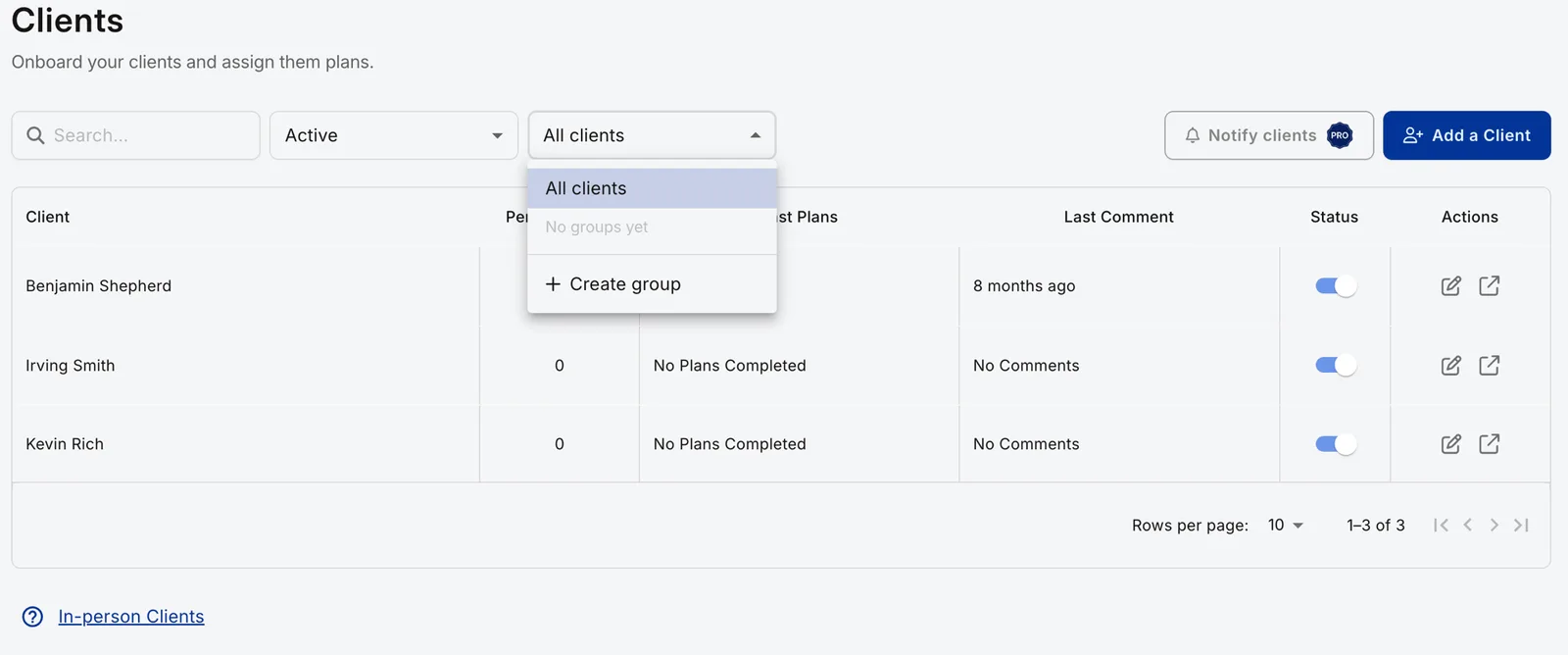 The QuickCoach Clients page with the Client Groups filter open, showing All clients, No groups yet, and a Create group option below the client list