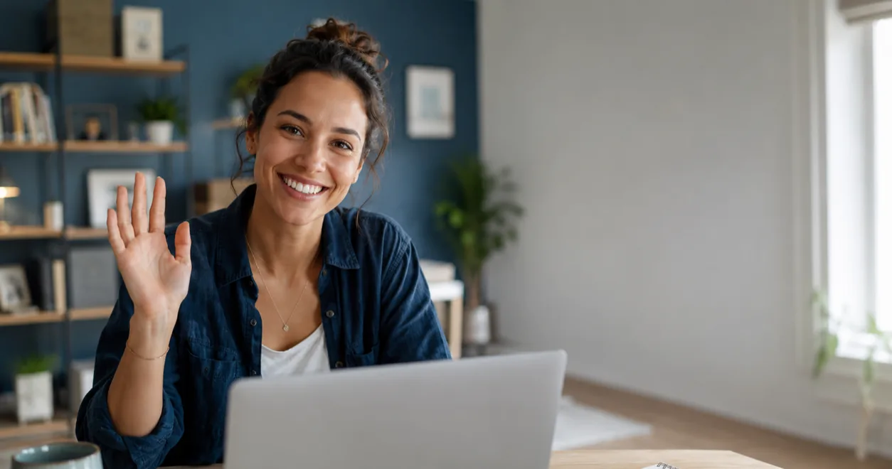 Person smiling and waving during a remote coaching session on a laptop