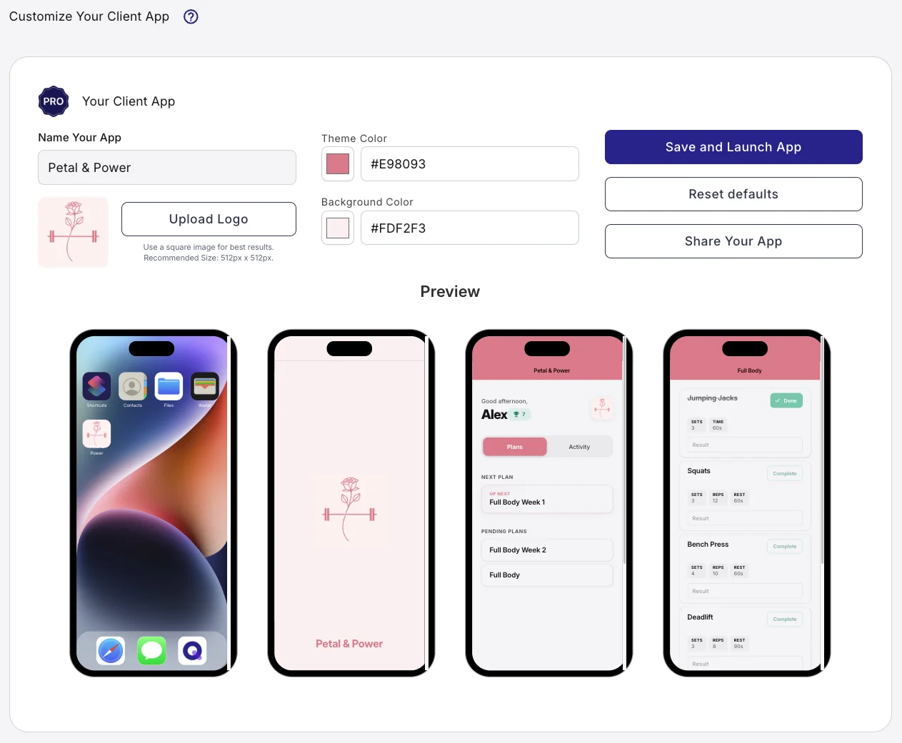 QuickCoach Pro Customize Client App panel showing app name, theme colour, background colour, logo upload, and a live phone preview of the branded client app