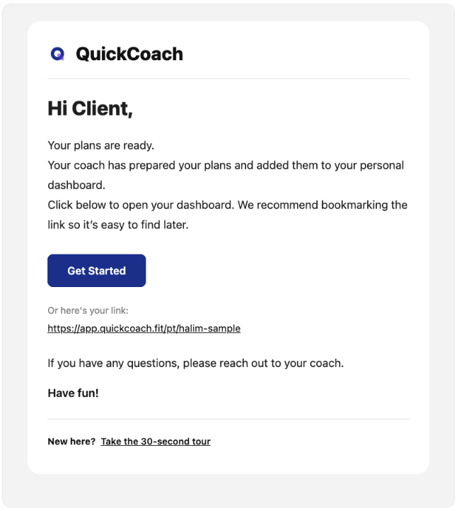 Default QuickCoach welcome email with standard QuickCoach branding sent to a new client
