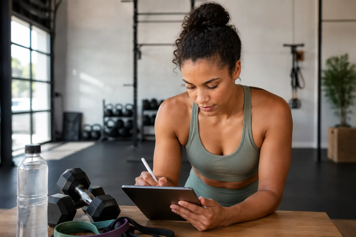 Personal trainer writing on a tablet with a stylus in a gym with dumbbells and resistance bands