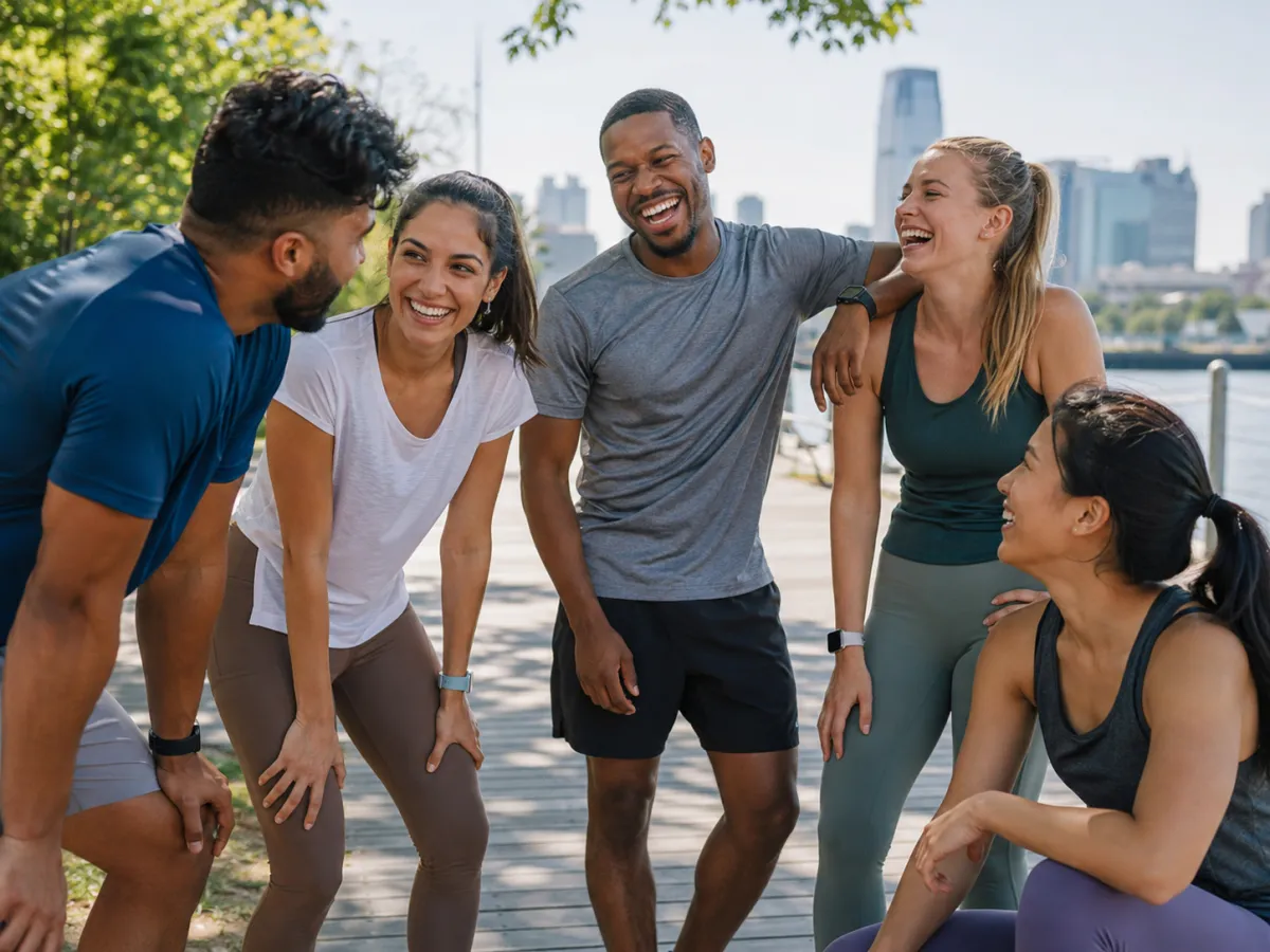 Group of five coaches and clients in activewear laughing together on a waterfront boardwalk after a workout