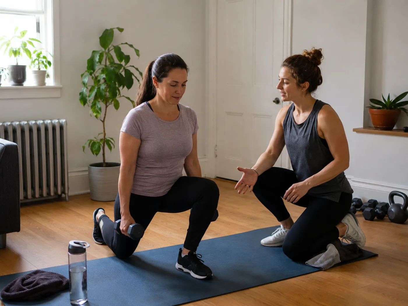 Online coach guiding a client through a dumbbell lunge on a mat during an at-home strength session