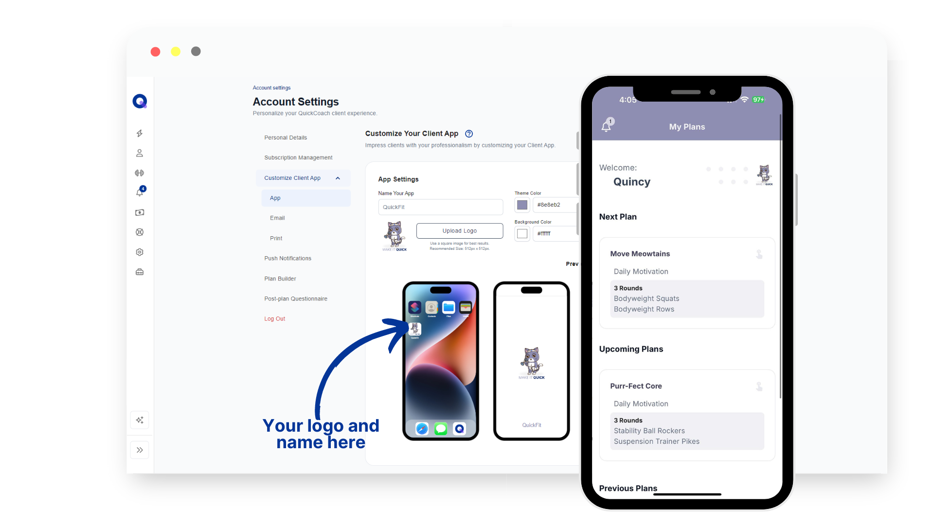 QuickCoach account settings with custom logo and branded client app preview