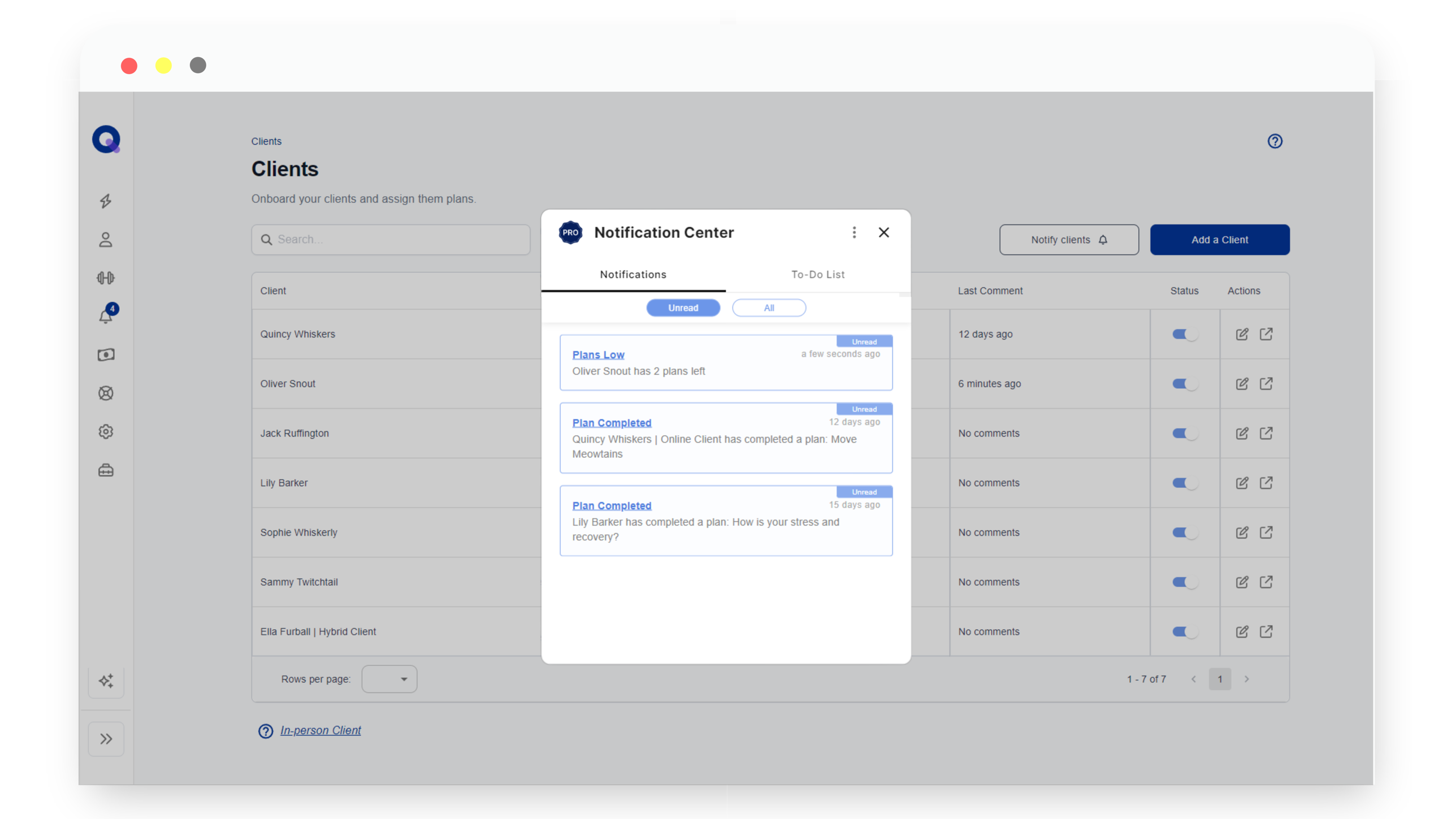 QuickCoach client list with notification center showing plan completions and to-dos