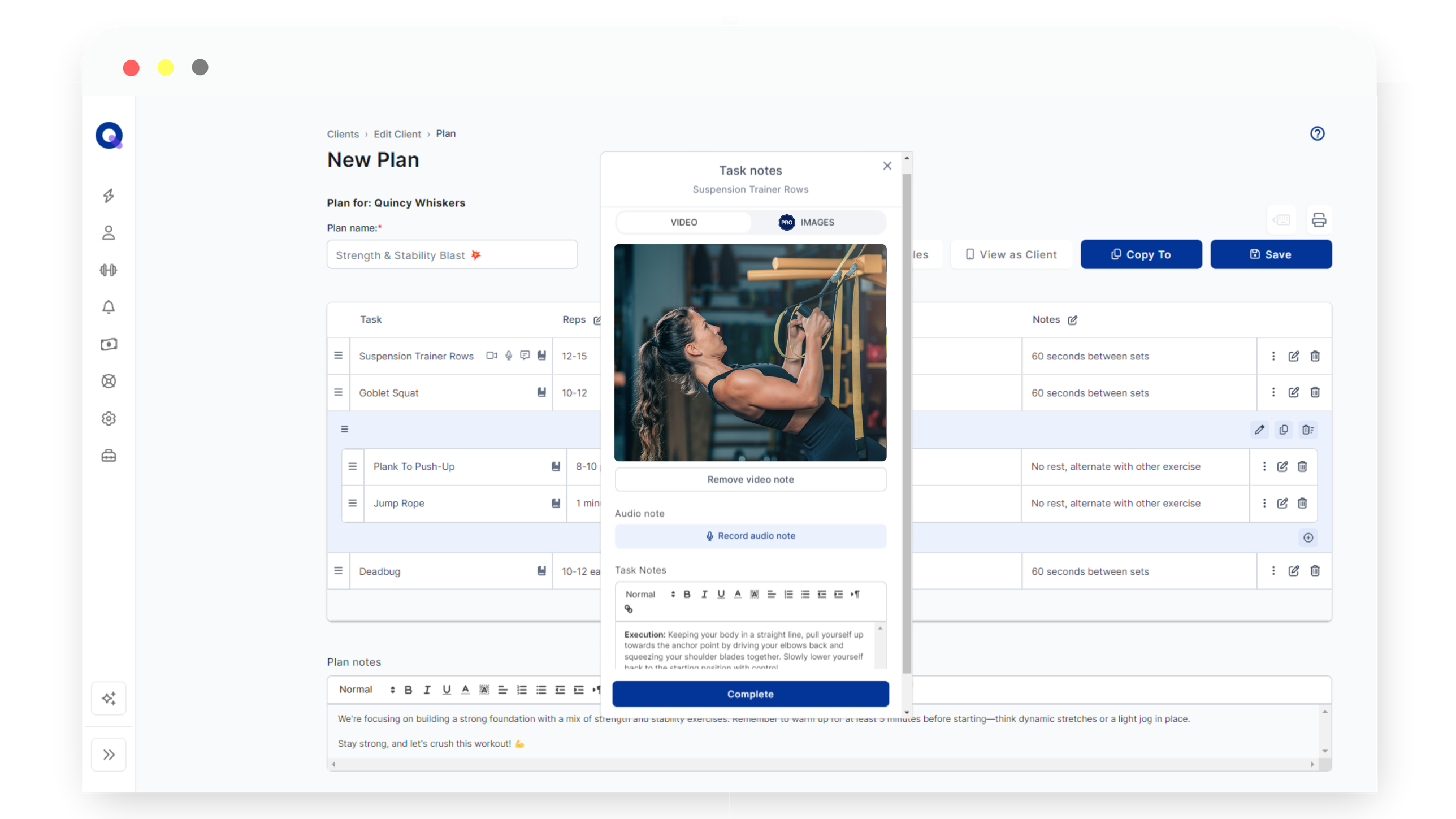QuickCoach plan builder with task notes and exercise images