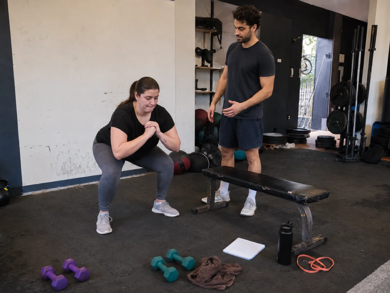 Personal trainer coaching a new client through a bodyweight squat in a gym, a notebook and water bottle resting on the bench