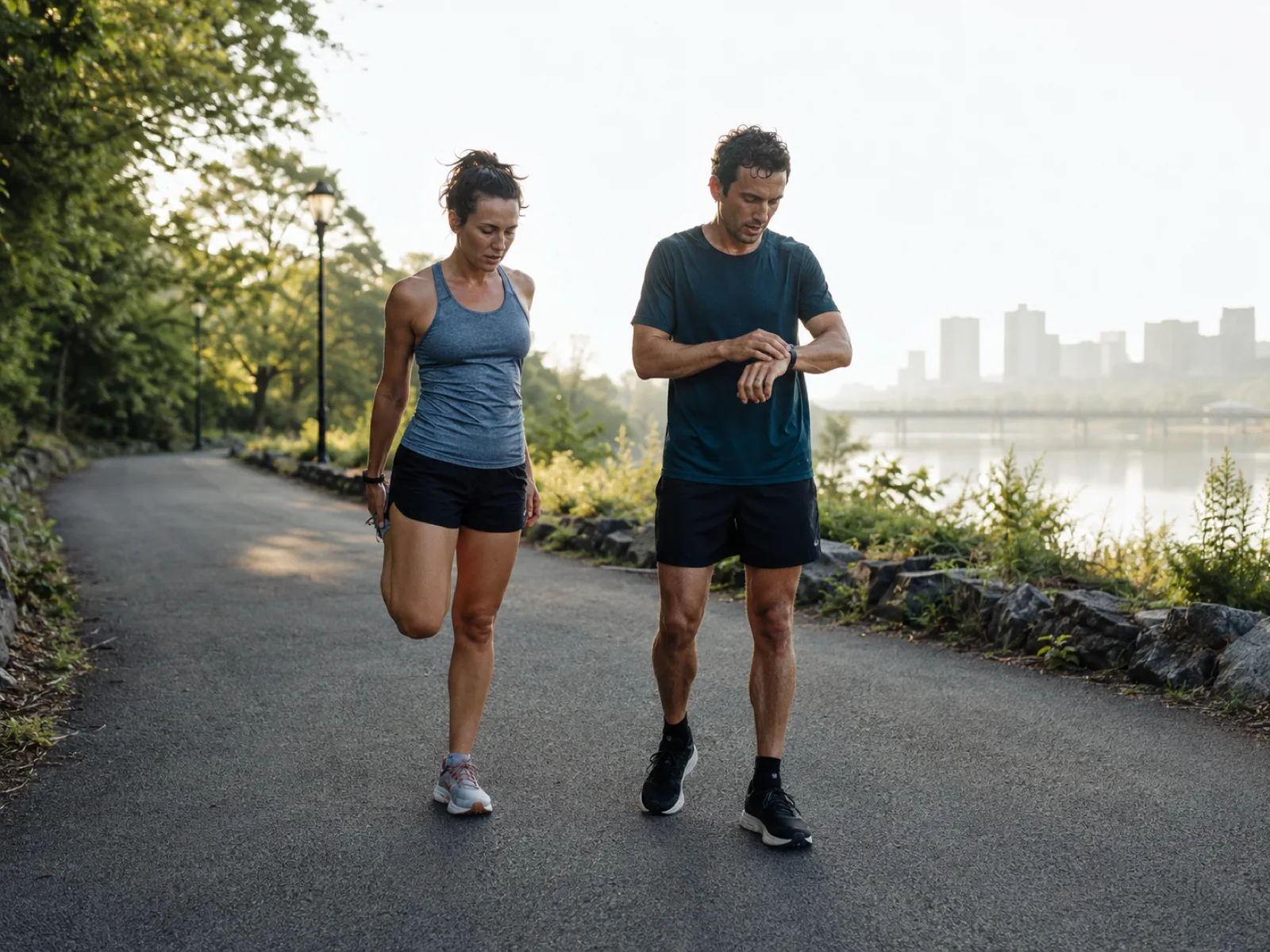 Two runners pausing on a riverside path while one checks the time on a fitness watch