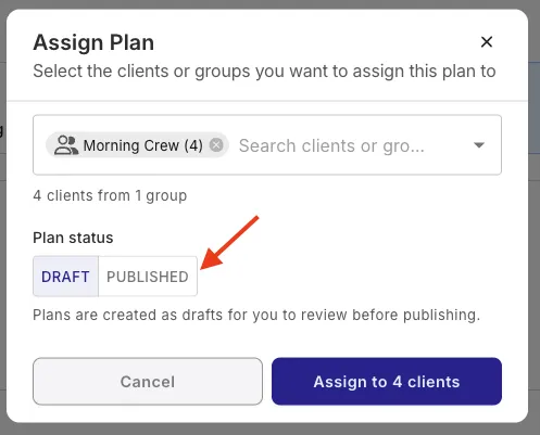 The Assign Plan dialog in QuickCoach with the Morning Crew group selected, four clients from one group, and the Plan status toggle set between Draft and Published above an Assign to 4 clients button