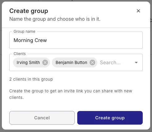The Create group modal in QuickCoach, naming a group Morning Crew with two clients added, and a note that creating the group gives you an invite link to share