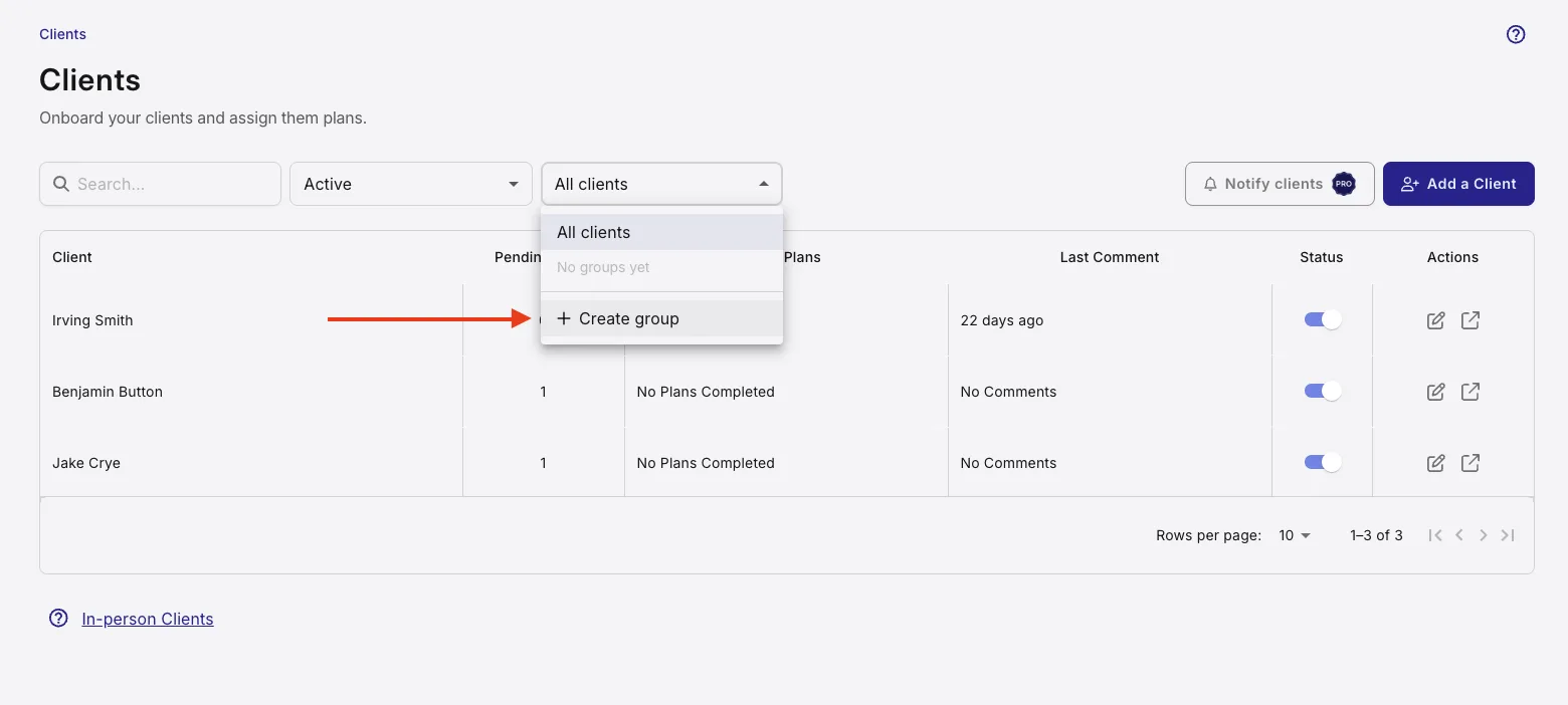 The QuickCoach Clients page with the Client Groups filter open, showing No groups yet and a Create group option