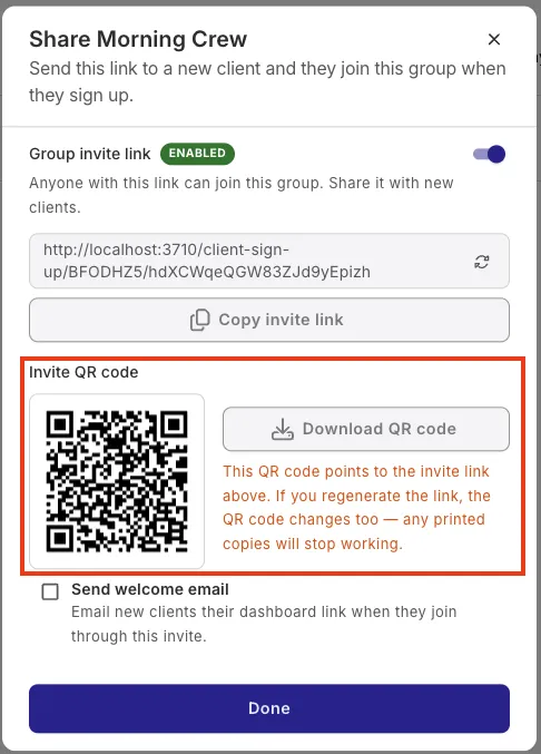 The Share Morning Crew dialog in QuickCoach showing the Invite QR code section with a scannable QR code and a Download QR code button, and a note that the code points to the group invite link so regenerating the link changes the code