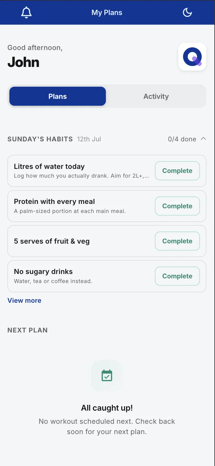 QuickCoach client app showing the day's assigned habits, water intake, protein with every meal, five serves of fruit and veg, and no sugary drinks, each with a Complete button