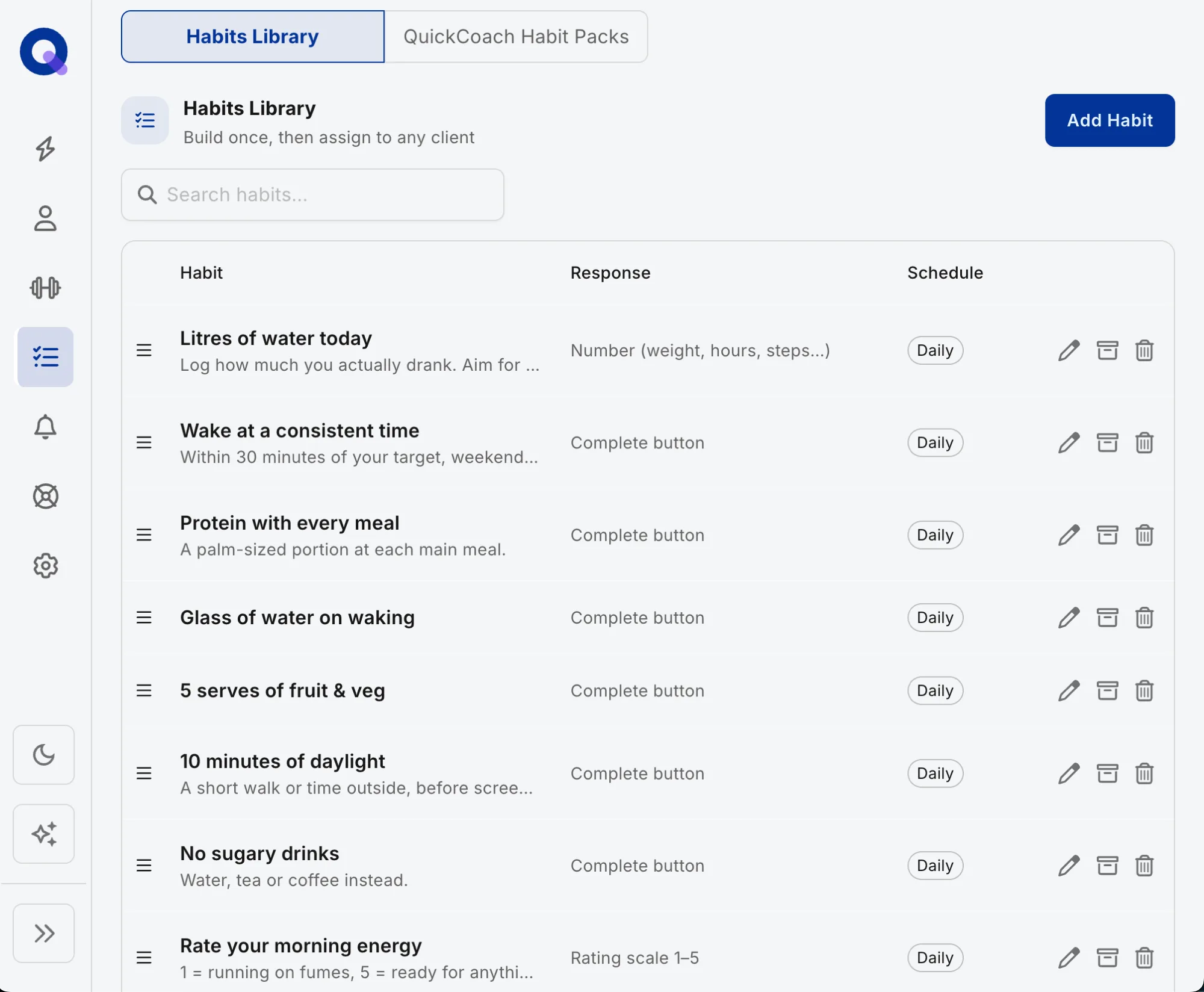 QuickCoach Habits Library on the coach dashboard listing reusable habits with response types like number, complete button, and rating scale