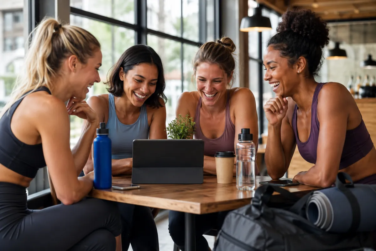 Four women in activewear laughing together around a cafe table while comparing coaching software on a tablet