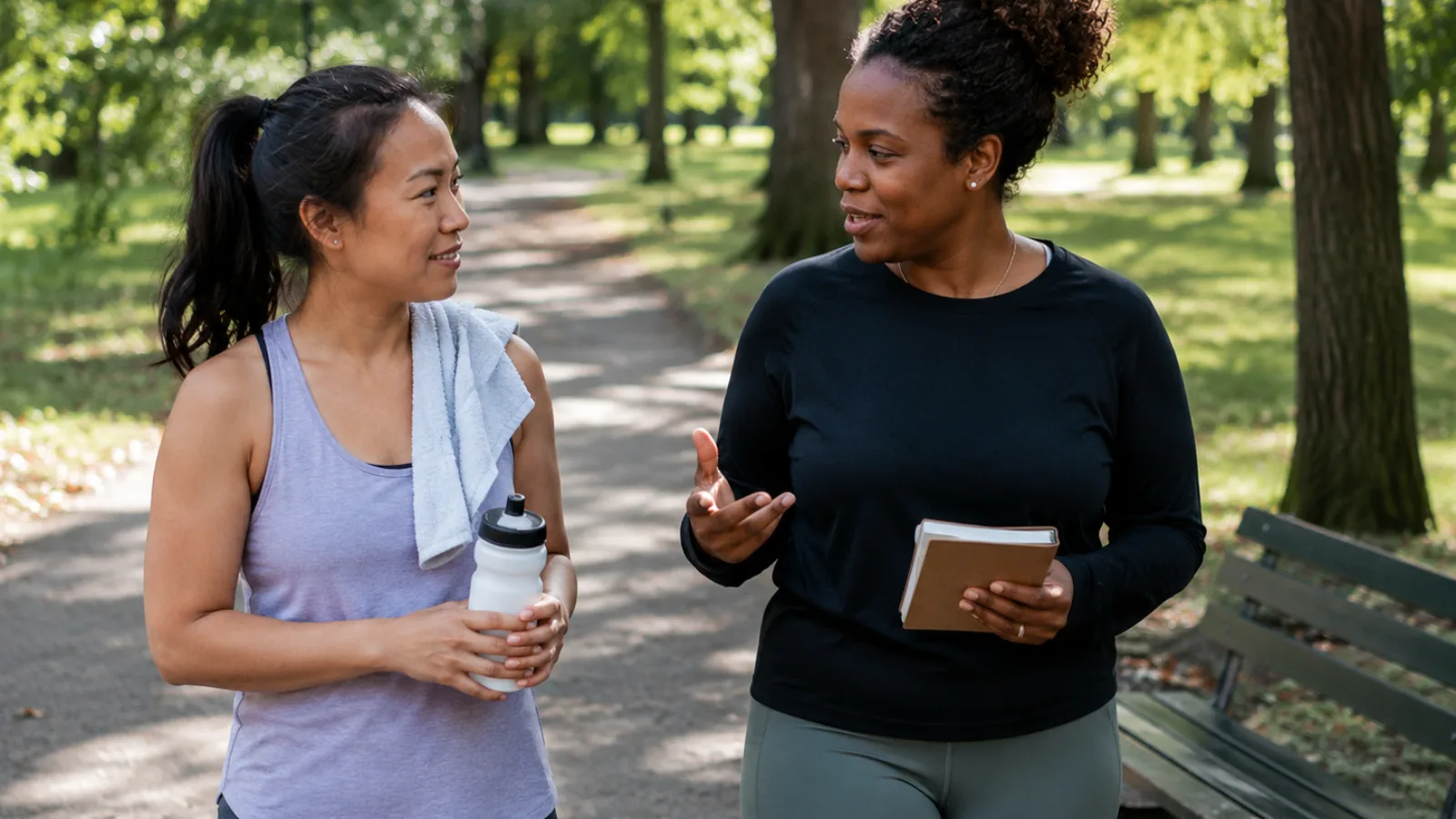 A fitness coach talking with a client while walking together on a tree-lined park path