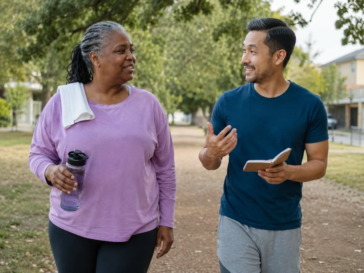 A fitness coach talks with a client during an outdoor walking session, notebook in hand