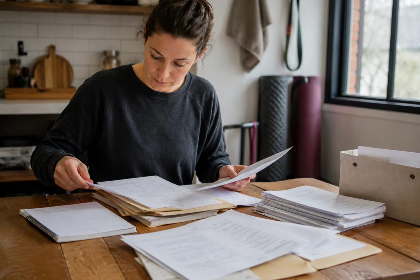 Coach at a kitchen table sorting through stacks of printed client programs and paper files before moving the roster into coaching software