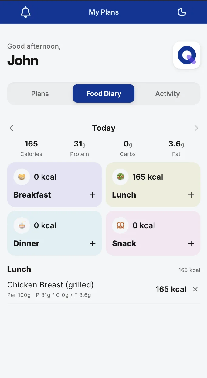 QuickCoach client food diary showing a day of logged meals with calories and macros totalled by meal