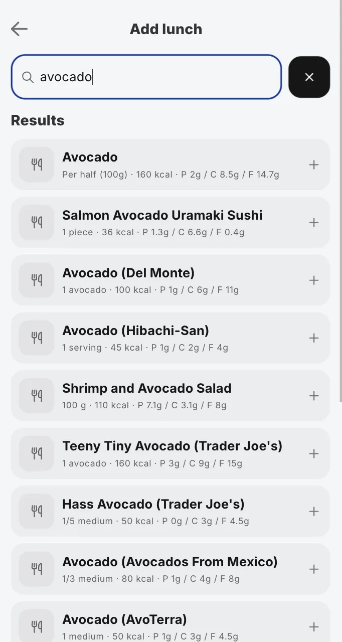QuickCoach client food search for avocado returning results with per-serve calories and macros and an add button