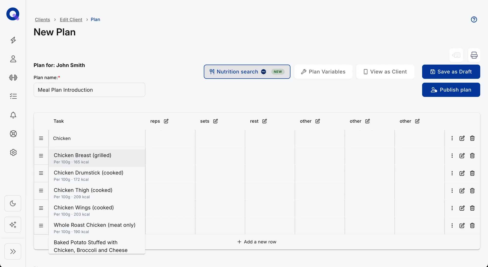 QuickCoach plan editor with nutrition search open, showing food suggestions for chicken with per-serve calories
