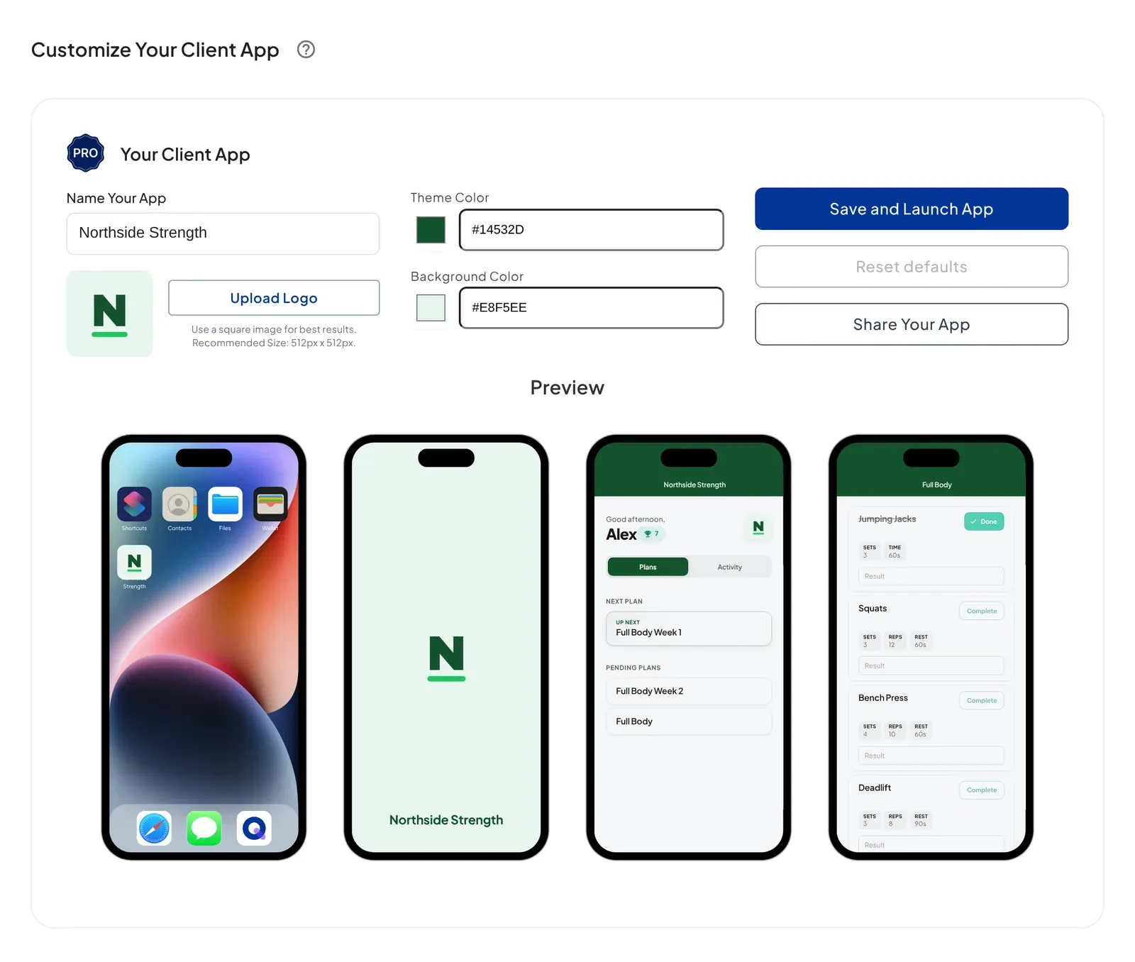 The QuickCoach Customize Client App editor for a sample strength gym, Northside Strength: app name, uploaded logo, theme and background colours, and live previews of the home screen icon, splash screen, plans and a workout