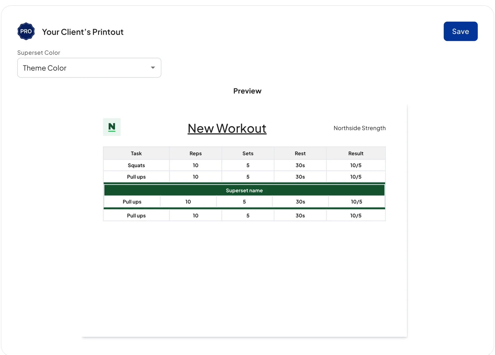 QuickCoach printout editor for a sample gym, Northside Strength: the superset colour set to the theme colour above a preview of a workout printout with the gym's logo and name, and the superset row in its green