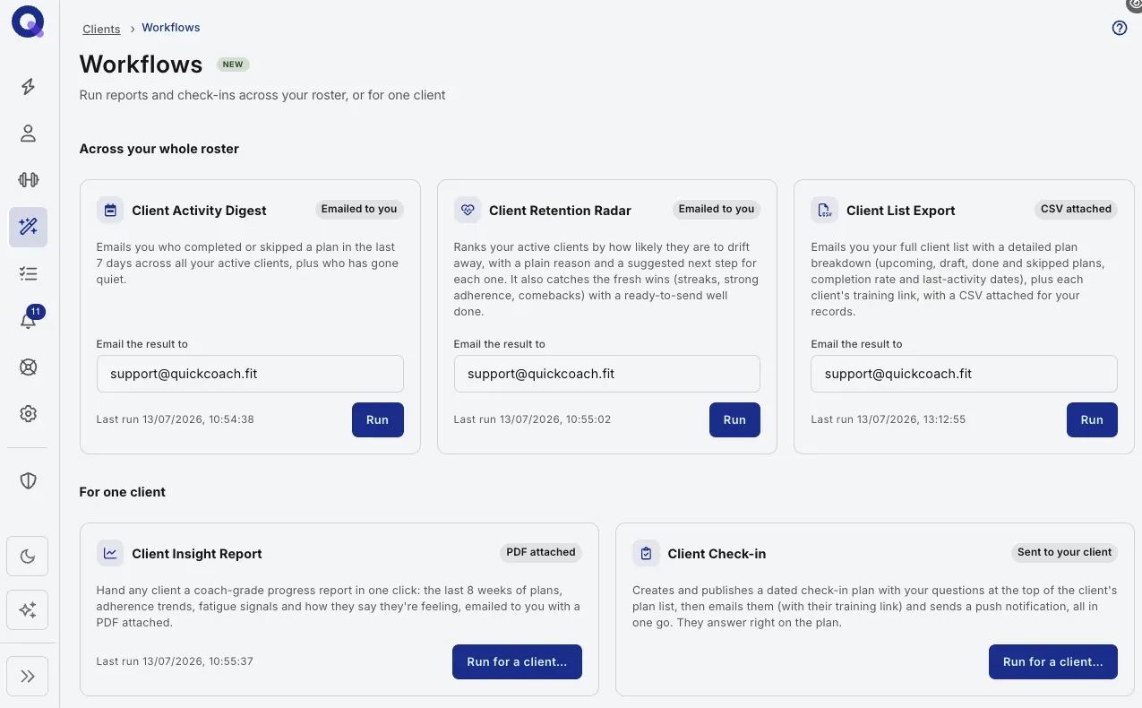 The QuickCoach Workflows page: Client Activity Digest, Client Retention Radar and Client List Export across the whole roster, and Client Insight Report and Client Check-In for one client, each with a Run button