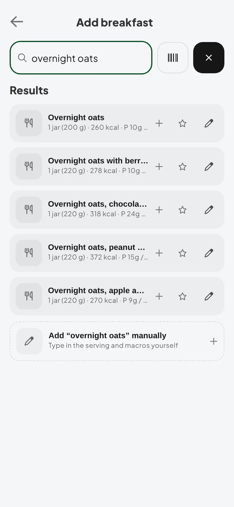 QuickCoach client food search for overnight oats on the Add breakfast screen: each result shows its serving, calories and protein with a plus to add it, a star to save it and a pencil to edit it first, and a last row to add overnight oats manually