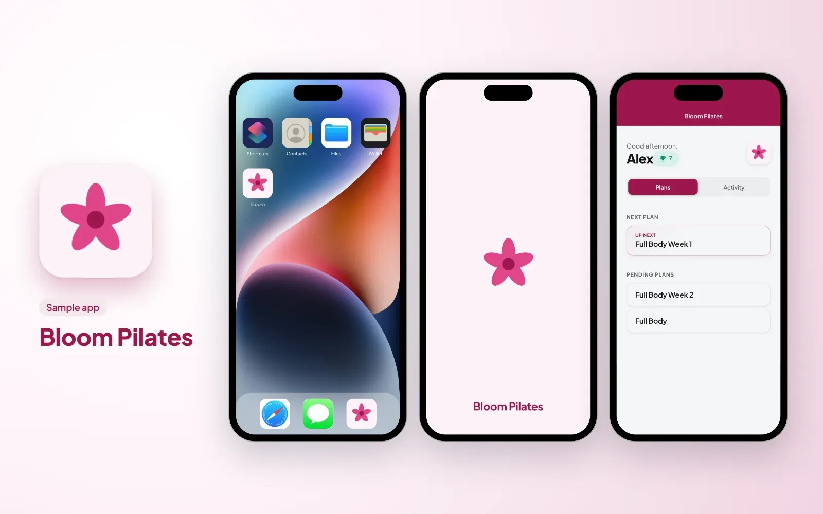 Sample branded app for a Pilates studio: the Bloom Pilates icon, the app on a phone home screen, its splash screen and the client's plans in its colours