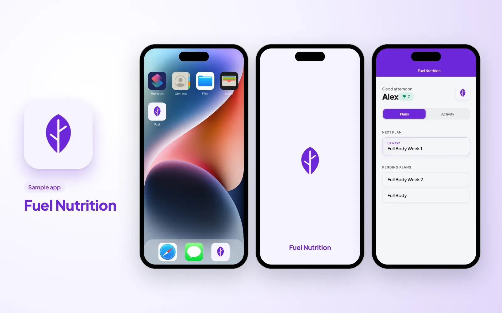 Sample branded app for a nutrition coach: the Fuel Nutrition icon, the app on a phone home screen, its splash screen and the client's plans in its colours