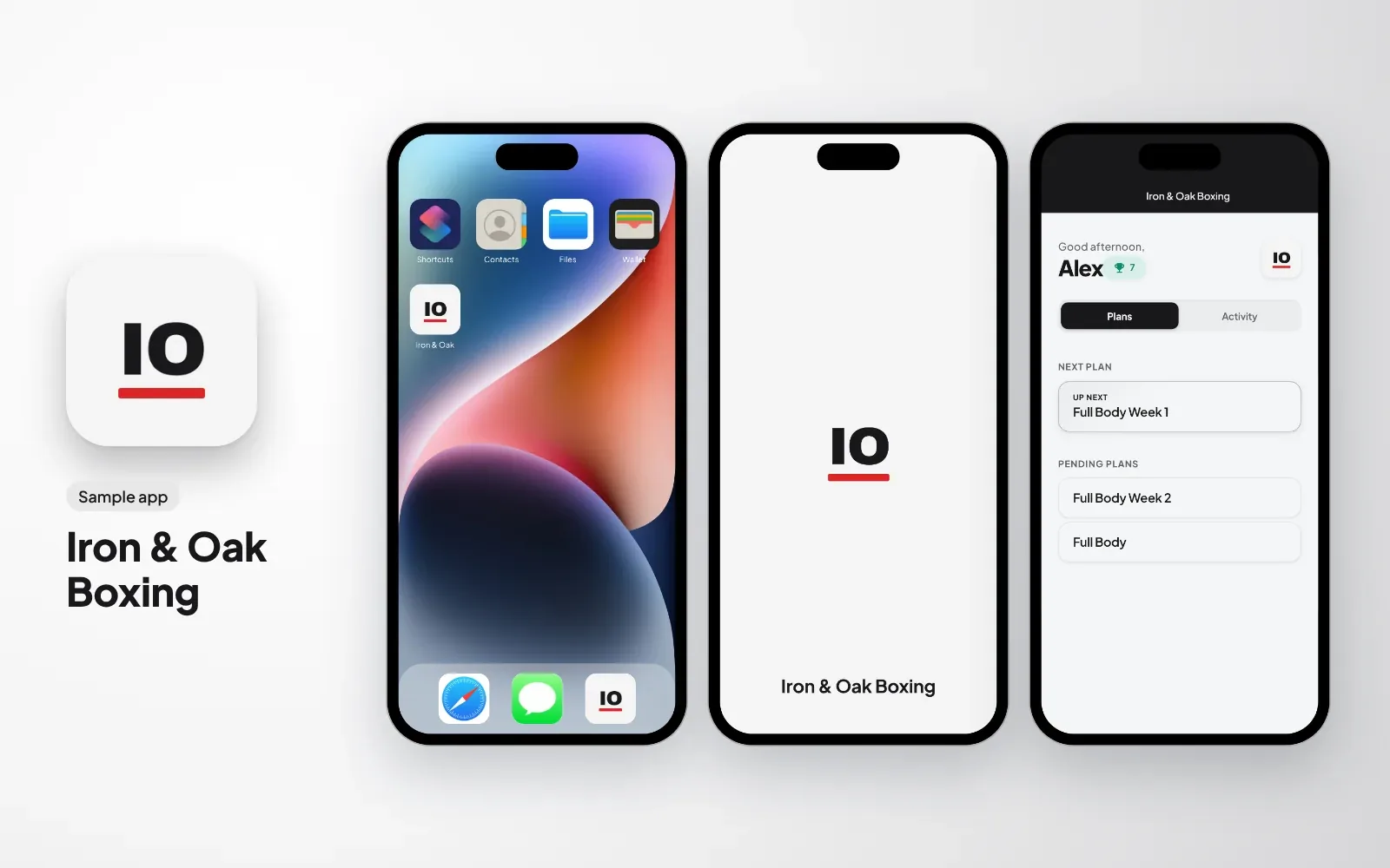 Sample branded app for a boxing gym: the Iron & Oak Boxing icon, the app on a phone home screen, its splash screen and the client's plans in its colours