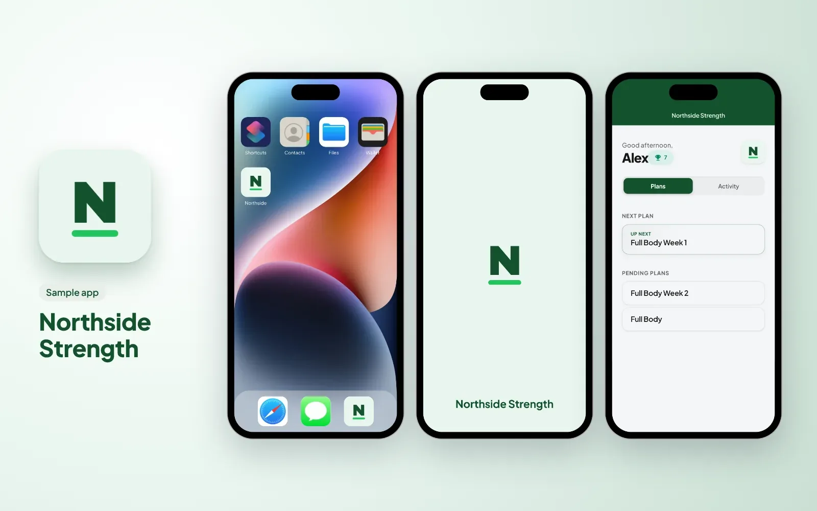 Sample branded app for a strength gym: the Northside Strength icon, the app on a phone home screen, its splash screen and the client's plans in its colours