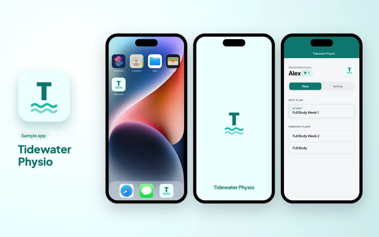 Sample branded app for a physio clinic: the Tidewater Physio icon, the app on a phone home screen, its splash screen and the client's plans in its colours