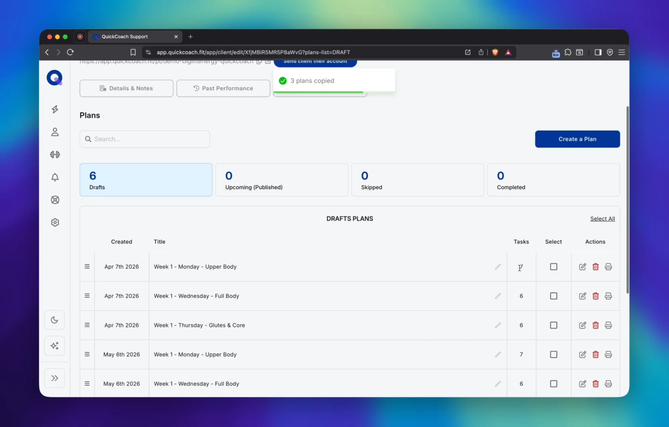 QuickCoach app showing how to clone a plan and use a template to build repeating workout programs