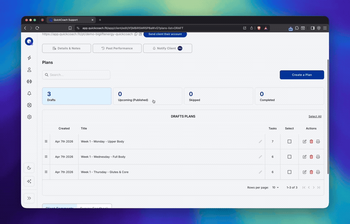 Animated demo of cloning a plan and using a template inside the QuickCoach app