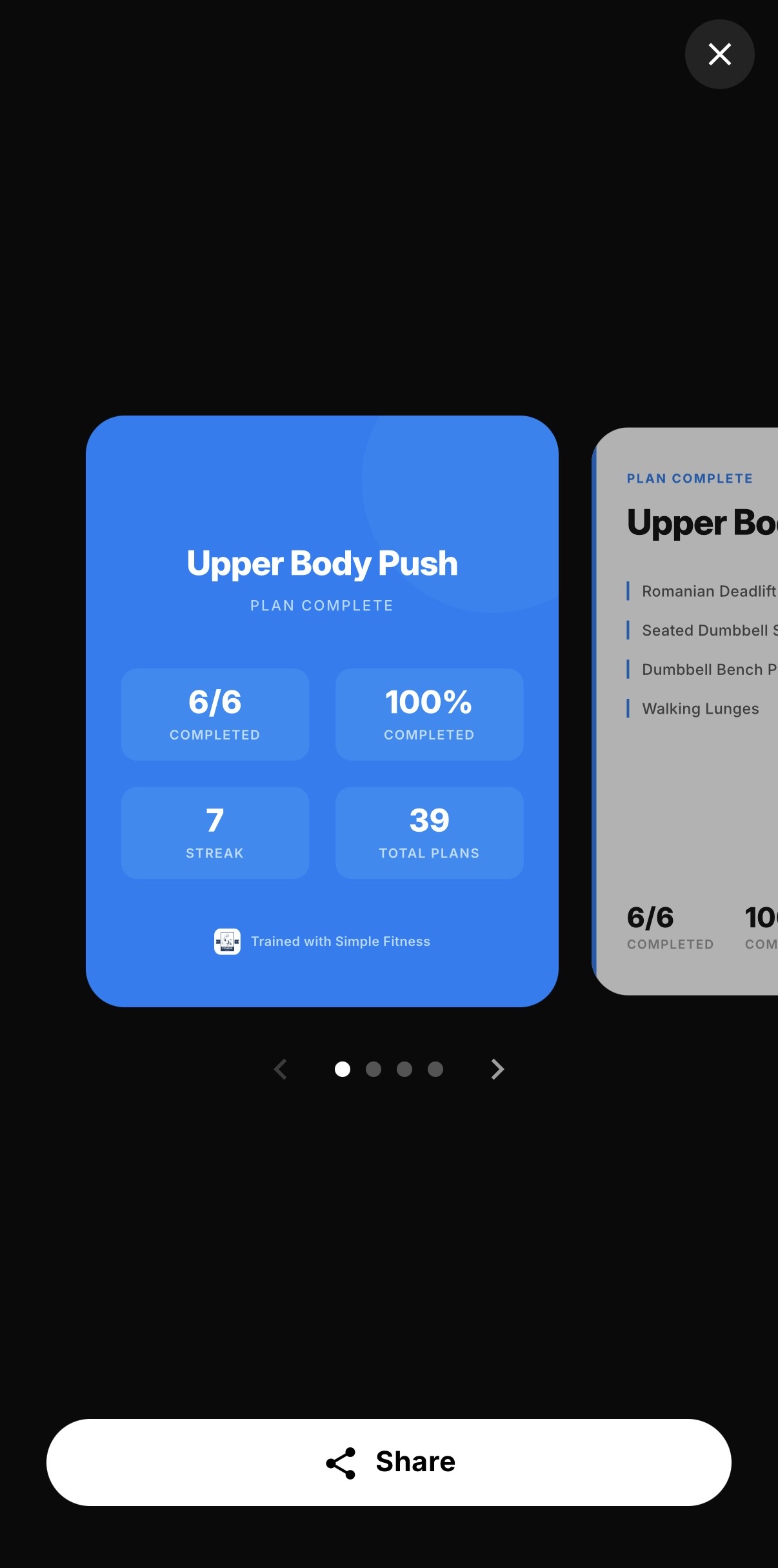 QuickCoach completed session summary styled as a branded share card for a personal trainer