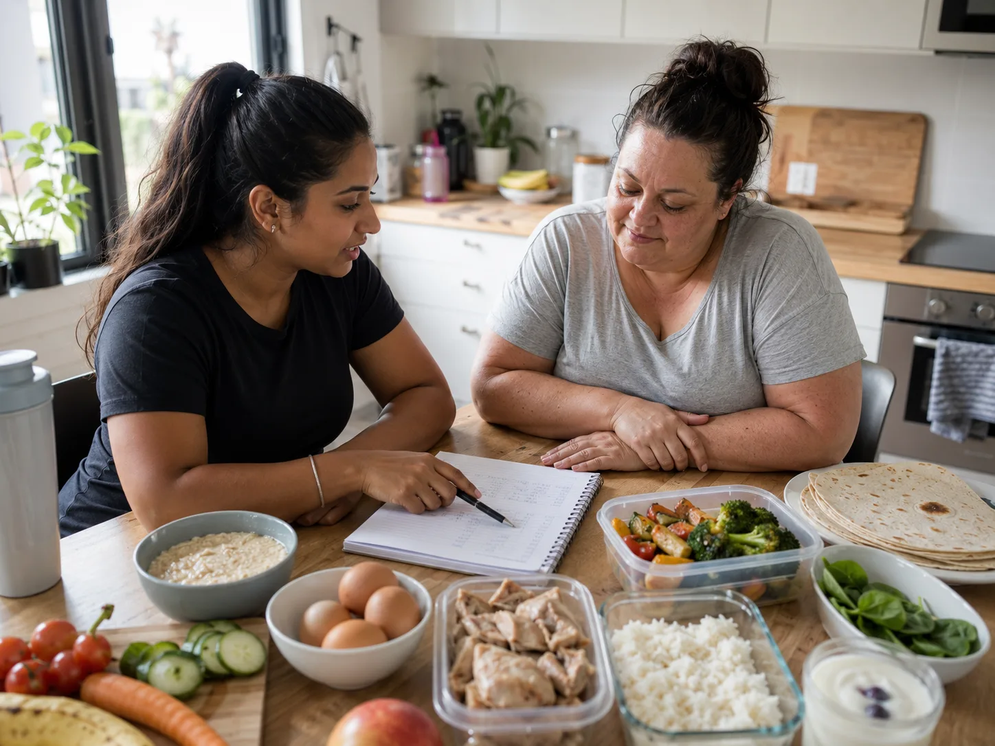 Online coach and client going through a written plan at a kitchen table spread with meal-prepped chicken, rice, vegetables and fruit