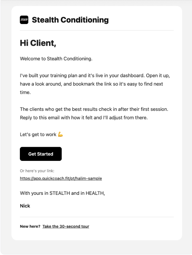 Branded QuickCoach welcome email for Stealth Conditioning with custom logo, brand colours, and coloured call-to-action button