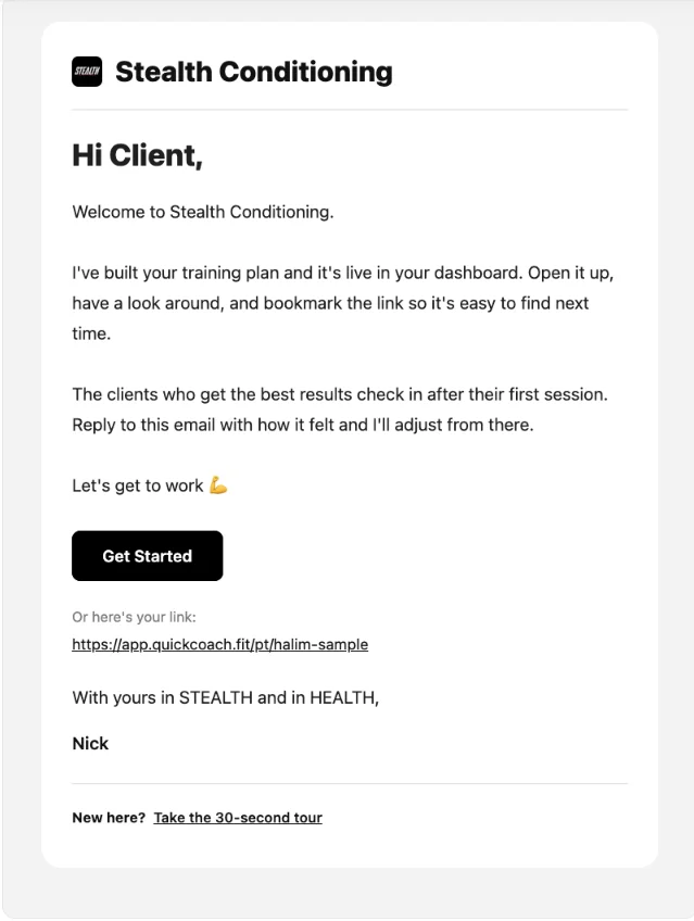 Branded QuickCoach welcome email for Stealth Conditioning with custom logo, brand colours, and coloured call-to-action button
