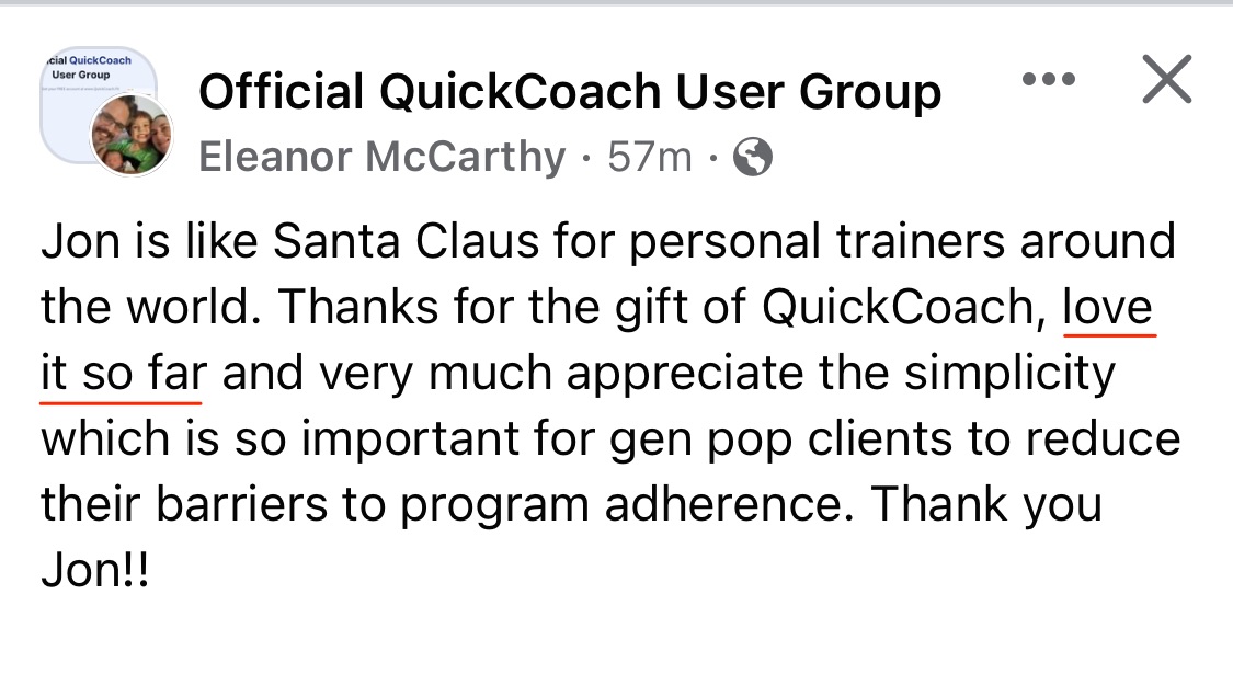 Facebook post from Eleanor McCarthy in the Official QuickCoach User Group praising the simplicity