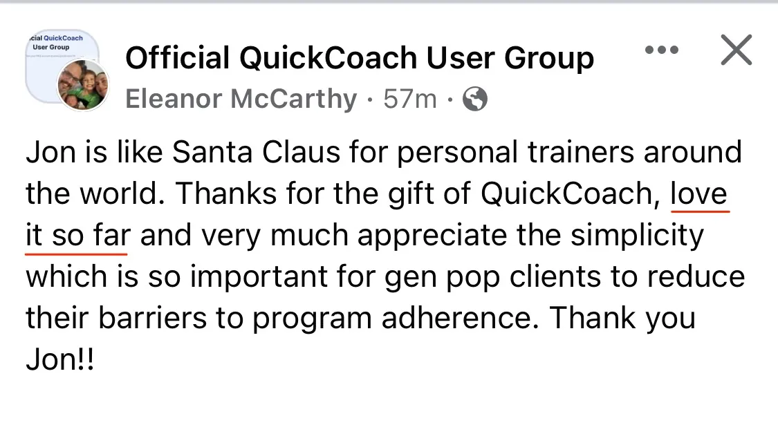 Facebook post from Eleanor McCarthy in the Official QuickCoach User Group praising the simplicity